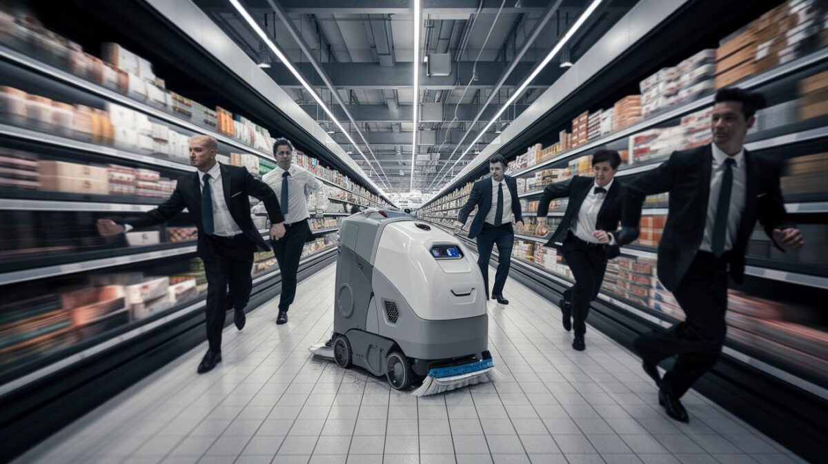 Un robot nettoyeur s’enfuit d’un supermarché et déclenche une course-poursuite surréaliste